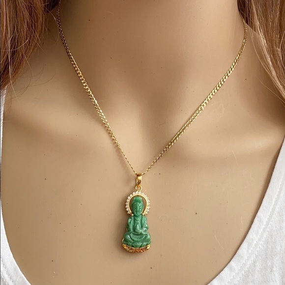 14K Real Gold Guanyin Kwan Yin Buddha Jade Pendant - Picture 10 of 10
